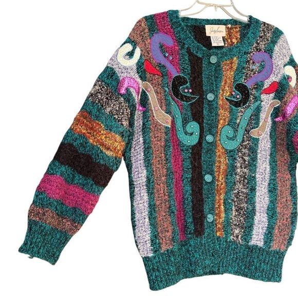 Jaclyn Smith Vtg 90s MultiColor Wild Pattern Embellished Cardigan Sweater Medium - Picture 3 of 8